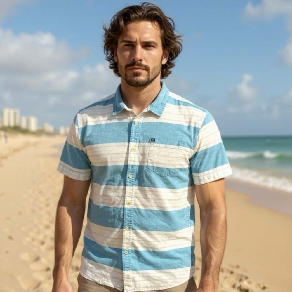 Quiksilver Men's Blue and White Striped Shirt